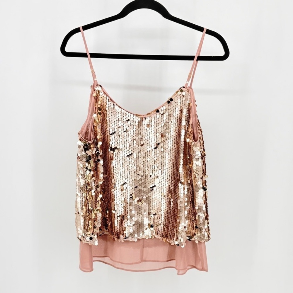 New Rose Gold Sequin Camisole V-Neck Layered Chiffon Tank Top M Fairy Party y2k